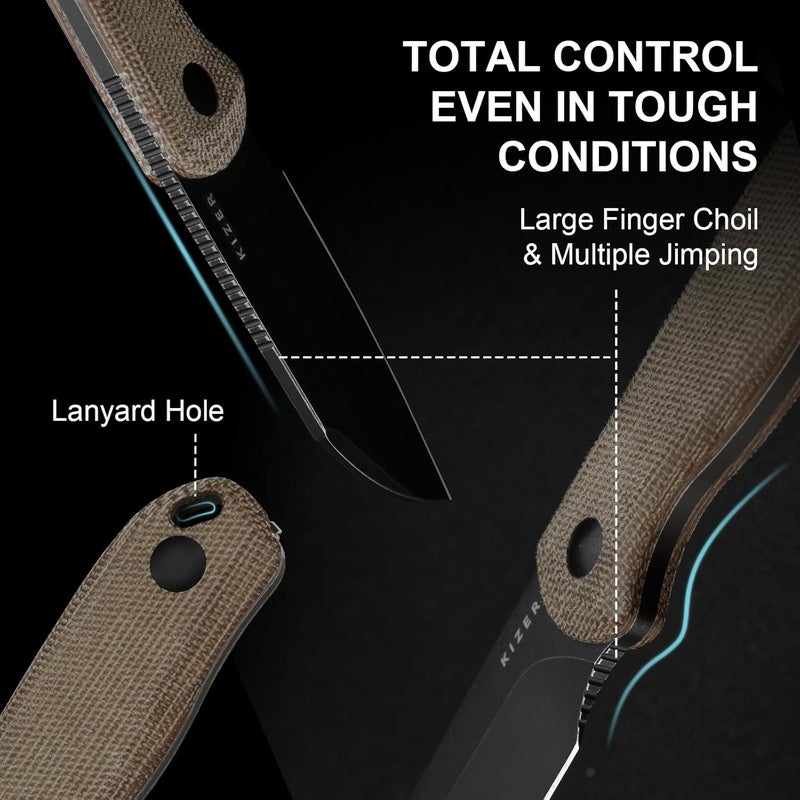 KIZER Drop Bear Fixed Blade Knife, 2.56" AEB-L Blade EDC Camping Knife with Norplex UltreX™ Brown Micarta Handle & Built-in Tools, Small Hunting Survival Knives with Adjustable Kydex Sheath, 1093A2 - Image 4